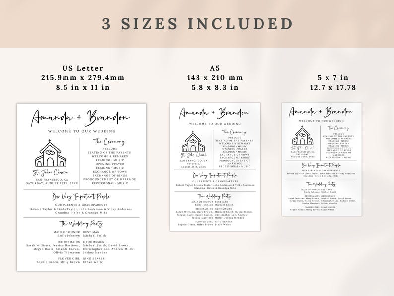 Puede incluir: Una plantilla de programa de ceremonia de boda imprimible en tres tama&ntilde;os: US Letter (8,5 x 11 pulgadas), A5 (5,8 x 8,3 pulgadas) y 5 x 7 pulgadas. El programa presenta una ilustraci&oacute;n simple de una iglesia e incluye secciones para el orden de la ceremonia, las personas importantes y la fiesta de bodas.