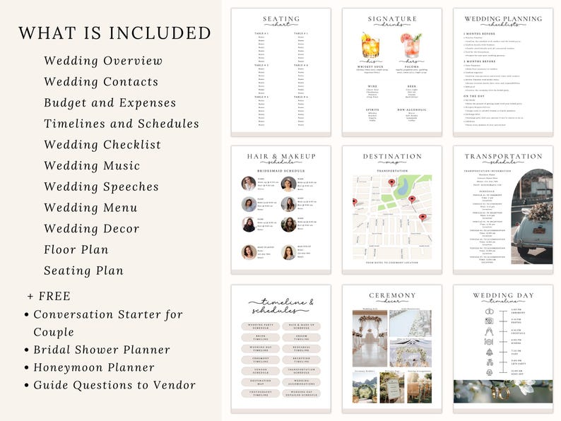 A wedding day binder with a checklist of items to plan for a wedding. The checklist includes items such as wedding mood board, wedding weekend, events overview, who to call, vendor contact, accommodations, wedding party, task list, ceremony venue, reception venue, ceremony entrance, recessional, wedding music, order of speeches, emergency planner, social media planner, rehearsal menu, reception menu, and destination map. The binder also includes images of the wedding venue, the wedding couple.