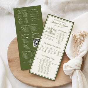 May include: Two wedding programs with green and cream borders are displayed on a wooden surface. The left program has details about the couple's love story and facts. The right program lists the wedding details, including the ceremony and party information.