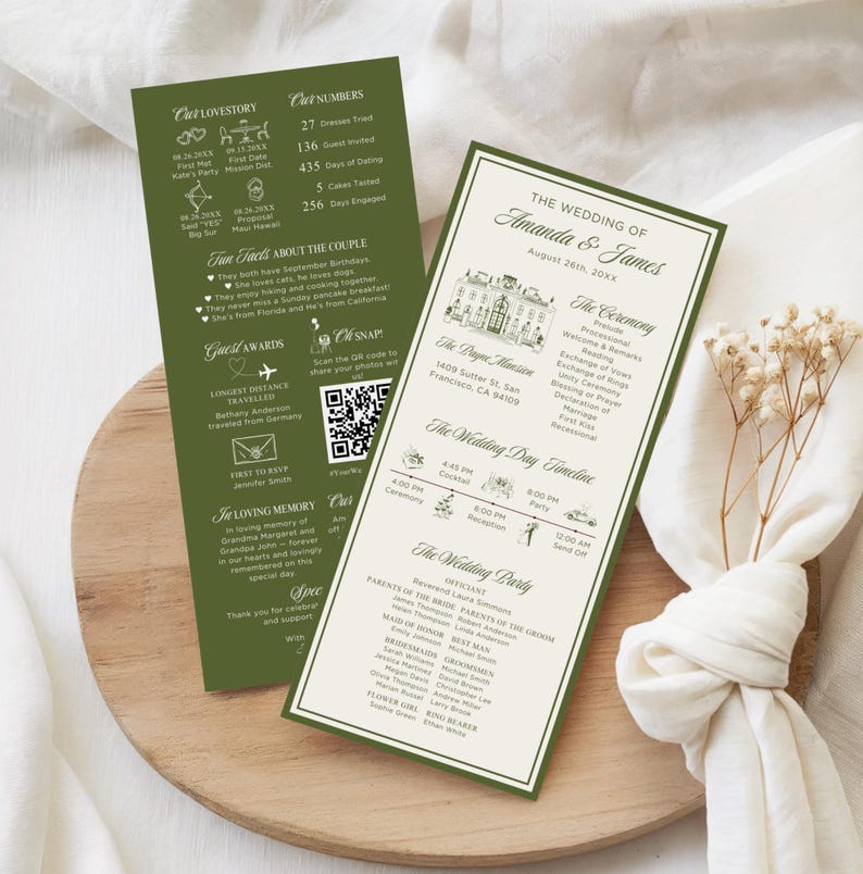 May include: Two wedding programs with green and cream borders are displayed on a wooden surface. The left program has details about the couple's love story and facts. The right program lists the wedding details, including the ceremony and party information.