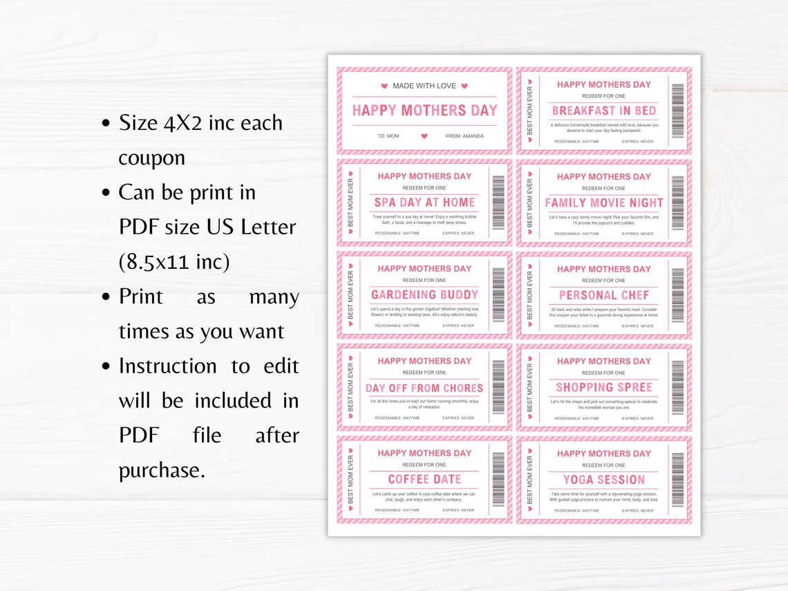 Mothers Day Gift Coupon Template Printable Mothers Day Gift Coupon Card ...