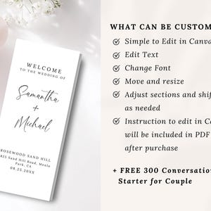 Minimalist Trifold Wedding Program – Elegant & Modern Design

A beautifully designed trifold wedding program featuring a clean, minimalist layout with elegant script and serif fonts. Includes ceremony details, wedding party, timeline, love story, special thanks, honeymoon info, guest travel map, and fun facts. Features icons, a QR code for sharing photos, and a stylish black-and-white theme. Perfect for couples seeking a sophisticated and organized wedding program.