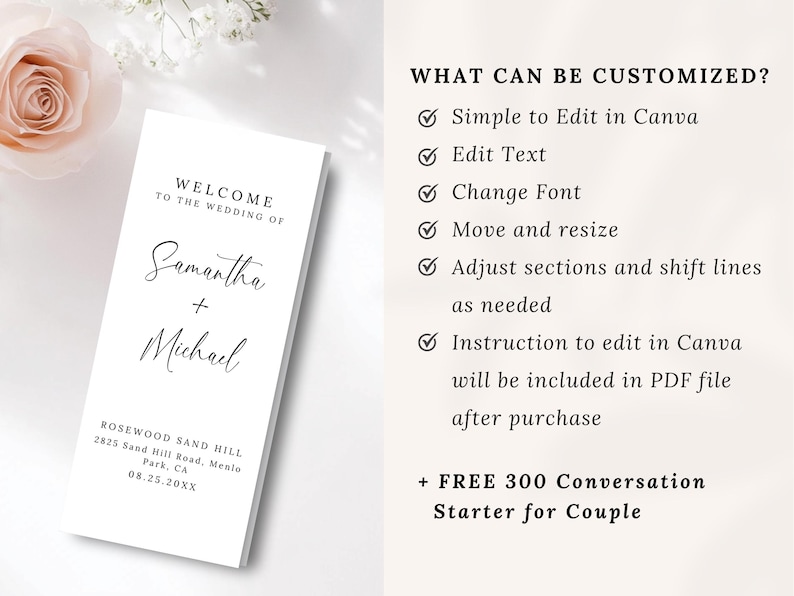 Minimalist Trifold Wedding Program – Elegant & Modern Design

A beautifully designed trifold wedding program featuring a clean, minimalist layout with elegant script and serif fonts. Includes ceremony details, wedding party, timeline, love story, special thanks, honeymoon info, guest travel map, and fun facts. Features icons, a QR code for sharing photos, and a stylish black-and-white theme. Perfect for couples seeking a sophisticated and organized wedding program.