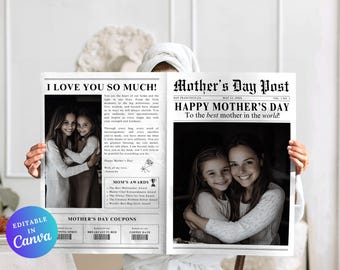Editable Mothers Day Newspaper Template, Personalized Mothers Day Gift, Flower Bouquet Wrap, Printable Mothers Day Card, Gift for Her, Canva