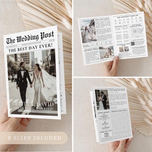 Puede incluir: Un anuncio de boda al estilo de un periódico, con una foto de la pareja en el centro. El titular dice "The Wedding Post" y "The Best Day Ever!" con los nombres de la pareja, Olivia y David, y el texto "Are Getting Married!" debajo de la foto.