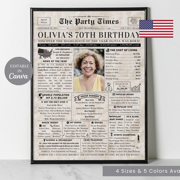 70th Birthday Newspaper Poster Personalized 70th Birthday Newspaper ...