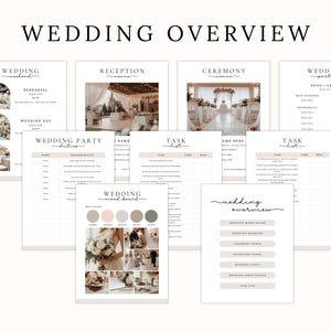 A wedding day binder with a checklist of items to plan for a wedding. The checklist includes items such as wedding mood board, wedding weekend, events overview, who to call, vendor contact, accommodations, wedding party, task list, ceremony venue, reception venue, ceremony entrance, recessional, wedding music, order of speeches, emergency planner, social media planner, rehearsal menu, reception menu, and destination map. The binder also includes images of the wedding venue, the wedding couple.