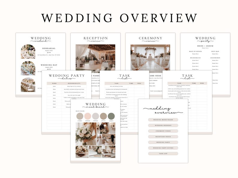A wedding day binder with a checklist of items to plan for a wedding. The checklist includes items such as wedding mood board, wedding weekend, events overview, who to call, vendor contact, accommodations, wedding party, task list, ceremony venue, reception venue, ceremony entrance, recessional, wedding music, order of speeches, emergency planner, social media planner, rehearsal menu, reception menu, and destination map. The binder also includes images of the wedding venue, the wedding couple.