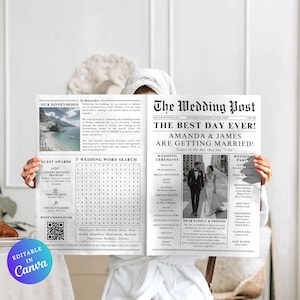 Newspaper Wedding Program Template, Editable Wedding Newspaper Program, Wedding Program, Folded Wedding Day Program, Wedding Timeline, Canva