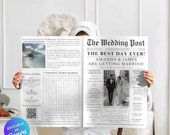 May include: A black and white newspaper-style wedding announcement for Amanda & James. The announcement includes a photo of the couple, a wedding ceremony schedule, and a wedding party list. The text "The Best Day Ever!" is printed in large bold letters at the top of the announcement.