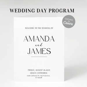 Könnte beinhalten: Eine Vorlage für ein Hochzeitsprogramm mit dem Text "Wedding Day Program" oben und "Welcome to the Wedding of Amanda and James" in der Mitte. Das Programm enthält auch das Datum, den Ort und die Adresse der Hochzeit.