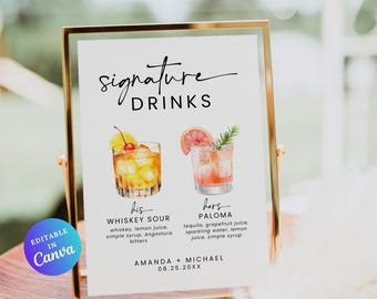 Signature Drink Sign Template, Signature Cocktail Sign, Modern Wedding Drink Sign, Printable Wedding Bar Menu Sign, Bride and Groom Drink
