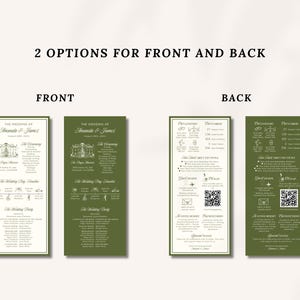 May include: Two wedding invitation designs are shown, marked "Front" and "Back." The front designs display the text "The Wedding of Amanda & James" with event details and a schedule. The back designs include icons, QR codes, and text about the couple.