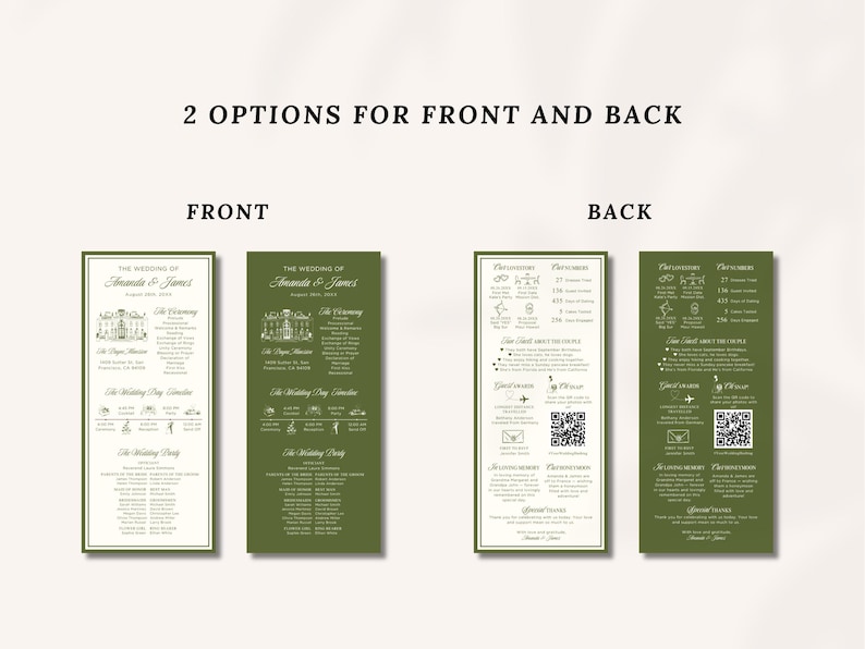 May include: Two wedding invitation designs are shown, marked "Front" and "Back." The front designs display the text "The Wedding of Amanda & James" with event details and a schedule. The back designs include icons, QR codes, and text about the couple.
