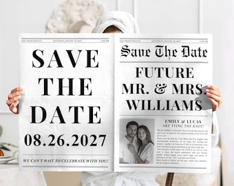 新聞形式の婚約発表テンプレート、編集可能な結婚式のお知らせ、セーブ・ザ・デート新聞、婚約・結婚式新聞、Canva