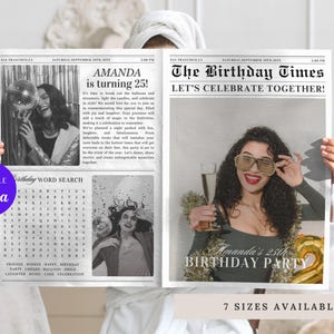 Puede incluir: Una invitación de fiesta de cumpleaños en blanco y negro estilo periódico con el titular "The Birthday Times" y el texto "Let's Celebrate Together!" La invitación presenta una foto de una mujer con gafas de sol y sosteniendo una copa de champán. El texto "Amanda is turning 25!" también está incluido.