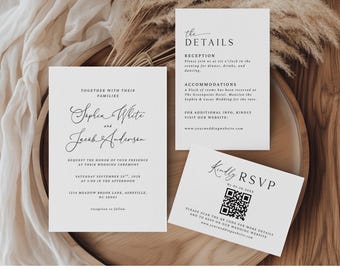 Plantilla de invitación de boda, paquete minimalista de invitación de boda, conjunto elegante de boda blanca, invitación de boda, paquete de boda moderno Canva