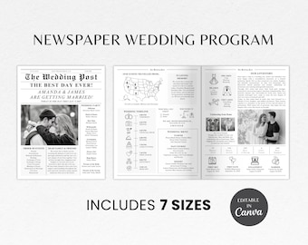 Newspaper Wedding Program Template | Editable Wedding Newspaper Program | Folded Wedding Newspaper |  Canva Wedding Newspaper Template