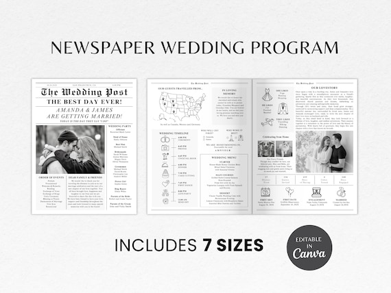 Newspaper Wedding Program Template | Editable Wedding Newspaper Program | Folded Wedding Newspaper |  Canva Wedding Newspaper Template