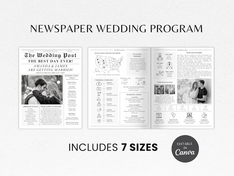 Puede incluir: Plantilla de programa de boda en blanco y negro estilo peri&oacute;dico con el texto "The Wedding Post" y "The Best Day Ever!"  Amanda & James Are Getting Married!"  El programa incluye una l&iacute;nea de tiempo de la boda, un men&uacute; de boda y una secci&oacute;n para la historia de amor de la pareja.  La plantilla es editable en Canva e incluye 7 tama&ntilde;os.