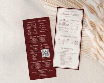 Mall för bröllopsprogram i vinröd färg, infografisk tidslinje för bröllop, redigerbart bröllopsprogram på canvas, utskrivbart ceremoniprogram på 4x9