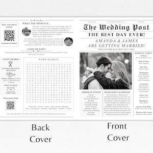 Puede incluir: Un anuncio de boda en blanco y negro estilo peri&oacute;dico con el titular "The Wedding Post: The Best Day Ever!"  Amanda & James Are Getting Married!"  El anuncio incluye una foto de la pareja, una lista de los miembros de la boda y un orden de los eventos para la ceremonia de boda.
