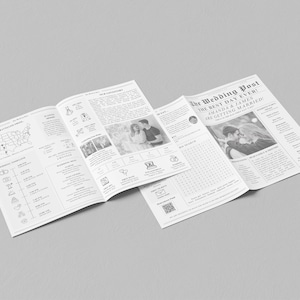 Puede incluir: Un anuncio de boda estilo peri&oacute;dico en blanco y negro para Amanda y James. El titular dice "The Wedding Post! The Best Day Ever! Amanda & James Are Getting Married".