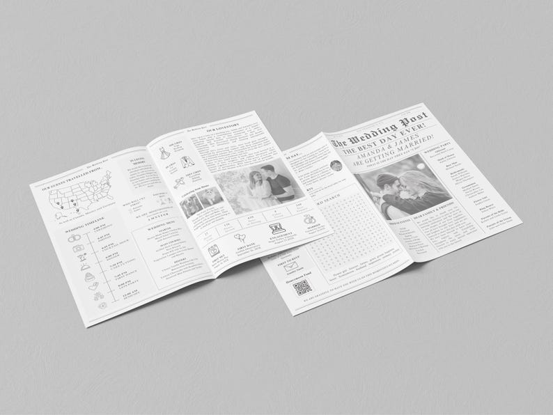 Puede incluir: Un anuncio de boda estilo peri&oacute;dico en blanco y negro para Amanda y James. El titular dice "The Wedding Post! The Best Day Ever! Amanda & James Are Getting Married".