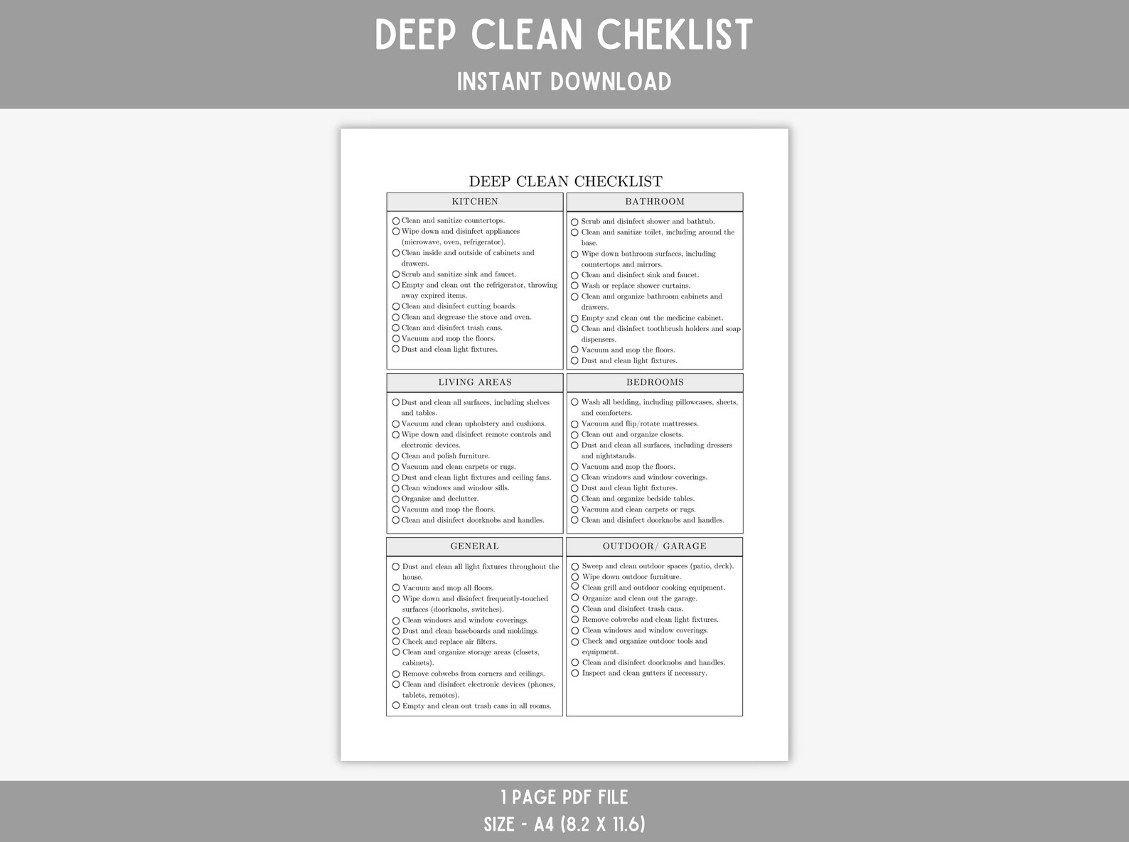 Deep Clean Checklist Printable Minimalist Deep Clean Checklist Instant ...