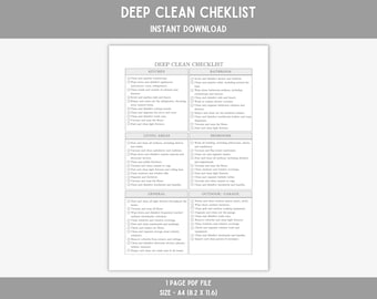 May include: A printable deep clean checklist for the home. The checklist is divided into sections for the kitchen, bathroom, living areas, bedrooms, general, and outdoor/garage. Each section includes a list of tasks to complete for a thorough cleaning.