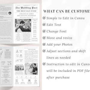 Puede incluir: Una plantilla de programa de boda en blanco y negro con dise&ntilde;o de peri&oacute;dico. El programa incluye una b&uacute;squeda de palabras, un mapa y una l&iacute;nea de tiempo. El texto en la p&aacute;gina principal dice "The Wedding Post, The Best Day Ever! Amanda & James Are Getting Married!" El texto en el lado derecho de la imagen dice "What Can Be Customized? Simple to Edit in Canva, Edit Text, Change Font, Move and resize, Add your Photos, Adjust sections and shift lines as needed, Instruction to edit in Canva will be included in PDF file after purchase."