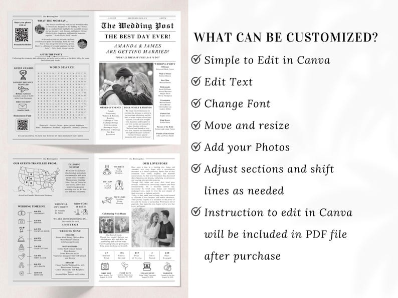 Puede incluir: Una plantilla de programa de boda en blanco y negro con dise&ntilde;o de peri&oacute;dico. El programa incluye una b&uacute;squeda de palabras, un mapa y una l&iacute;nea de tiempo. El texto en la p&aacute;gina principal dice "The Wedding Post, The Best Day Ever! Amanda & James Are Getting Married!" El texto en el lado derecho de la imagen dice "What Can Be Customized? Simple to Edit in Canva, Edit Text, Change Font, Move and resize, Add your Photos, Adjust sections and shift lines as needed, Instruction to edit in Canva will be included in PDF file after purchase."