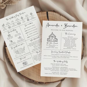 Puede incluir: Un programa de boda con un dise&ntilde;o en blanco y negro. El programa incluye los detalles de la ceremonia de boda, los nombres de la fiesta de bodas y una l&iacute;nea de tiempo del d&iacute;a de la boda. El programa tambi&eacute;n incluye un mapa de los Estados Unidos con alfileres que marcan las ubicaciones de los invitados.