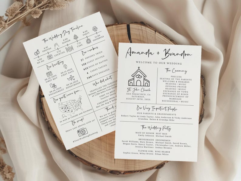 Puede incluir: Un programa de boda con un dise&ntilde;o en blanco y negro. El programa incluye los detalles de la ceremonia de boda, los nombres de la fiesta de bodas y una l&iacute;nea de tiempo del d&iacute;a de la boda. El programa tambi&eacute;n incluye un mapa de los Estados Unidos con alfileres que marcan las ubicaciones de los invitados.
