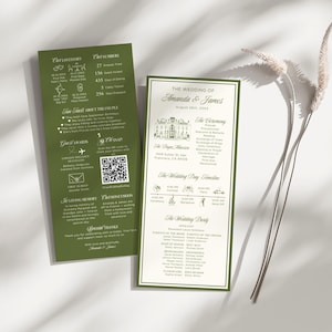 May include: Two-sided wedding invitation with a green border and text. The invitation includes details about the ceremony, wedding day timeline, and wedding party. The left side has facts about the couple and a QR code.