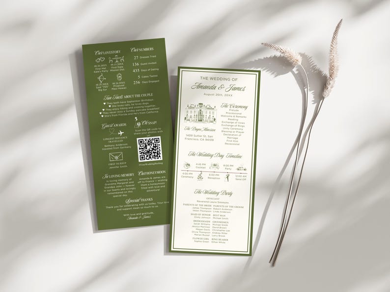 May include: Two-sided wedding invitation with a green border and text. The invitation includes details about the ceremony, wedding day timeline, and wedding party. The left side has facts about the couple and a QR code.
