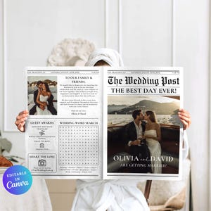 May include: A printable wedding announcement designed to look like a vintage newspaper. The headline reads "The Wedding Post: The Best Day Ever!" with a photo of the couple in the upper right corner. The announcement includes a wedding word search puzzle, guest awards, and a space to share the love with a photo of the couple.