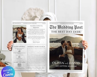 Newspaper Wedding Program Template, Wedding Program Template, Infographic Ceremony Newspaper Schedule, Canva Wedding Newspaper, Marriage