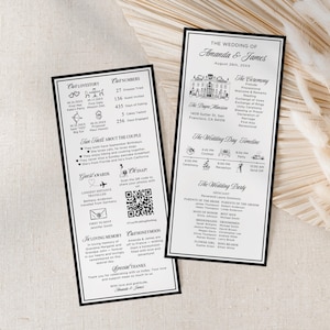 Puede incluir: Dos programas de boda en blanco y negro con texto e ilustraciones. Un programa enumera datos sobre la pareja, incluida su primera cita y propuesta. El otro programa detalla la ceremonia de la boda, el cronograma y los miembros de la fiesta.