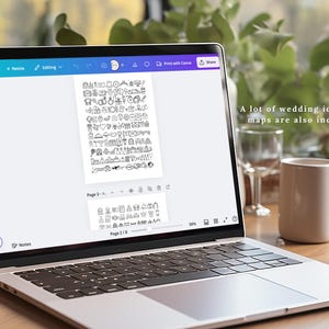 Puede incluir: Una pantalla de computadora port&aacute;til que muestra una p&aacute;gina de iconos de boda. Los iconos son en blanco y negro e incluyen una variedad de temas relacionados con la boda, como corazones, anillos, flores y pasteles. El texto "A lot of wedding icons and maps are also included." es visible en la pantalla.