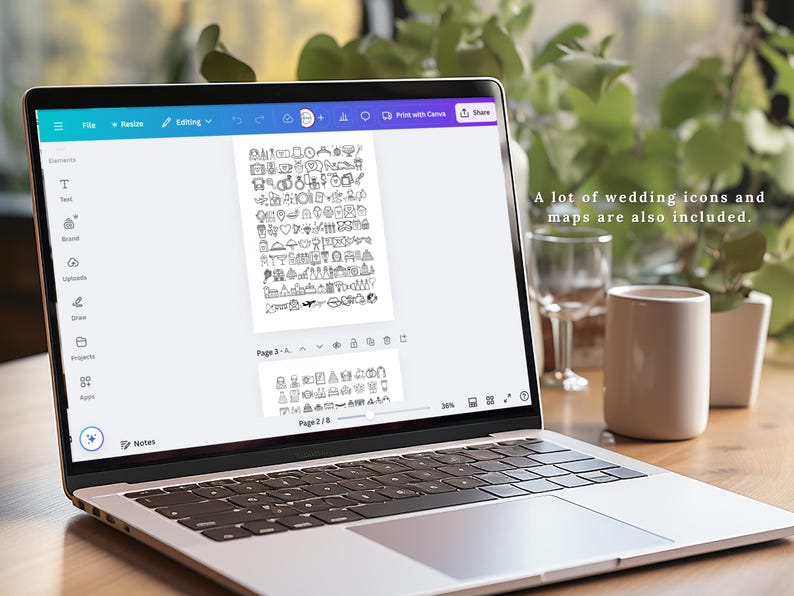 Puede incluir: Una pantalla de computadora port&aacute;til que muestra una p&aacute;gina de iconos de boda. Los iconos son en blanco y negro e incluyen una variedad de temas relacionados con la boda, como corazones, anillos, flores y pasteles. El texto "A lot of wedding icons and maps are also included." es visible en la pantalla.