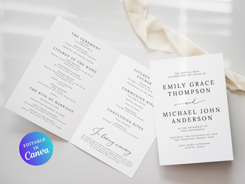 Catholic Wedding Program Template – A beautifully designed folded program for your Catholic Mass ceremony. Includes sections for the Order of the Mass, readings, bridal party, and thank you message. Fully editable in Canva. Sizes included: US Letter (11x8.5”), A4 (11.69x8.26”), and 5x7”. Instant download, easy to customize and print. Perfect for traditional or modern Catholic weddings.