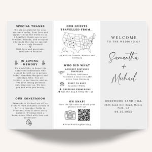 Minimalist Trifold Wedding Program – Elegant & Modern Design

A beautifully designed trifold wedding program featuring a clean, minimalist layout with elegant script and serif fonts. Includes ceremony details, wedding party, timeline, love story, special thanks, honeymoon info, guest travel map, and fun facts. Features icons, a QR code for sharing photos, and a stylish black-and-white theme. Perfect for couples seeking a sophisticated and organized wedding program.