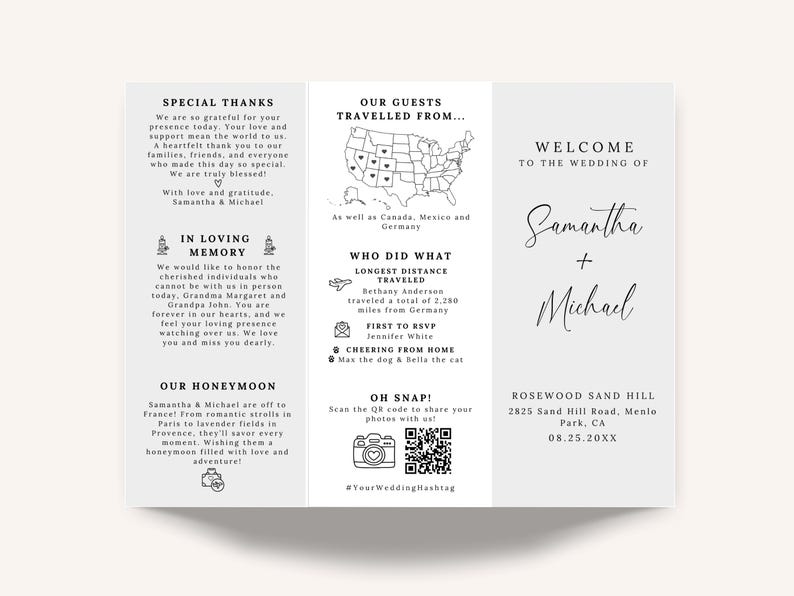 Minimalist Trifold Wedding Program – Elegant & Modern Design

A beautifully designed trifold wedding program featuring a clean, minimalist layout with elegant script and serif fonts. Includes ceremony details, wedding party, timeline, love story, special thanks, honeymoon info, guest travel map, and fun facts. Features icons, a QR code for sharing photos, and a stylish black-and-white theme. Perfect for couples seeking a sophisticated and organized wedding program.