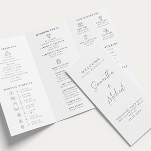 Minimalist Trifold Wedding Program – Elegant & Modern Design

A beautifully designed trifold wedding program featuring a clean, minimalist layout with elegant script and serif fonts. Includes ceremony details, wedding party, timeline, love story, special thanks, honeymoon info, guest travel map, and fun facts. Features icons, a QR code for sharing photos, and a stylish black-and-white theme. Perfect for couples seeking a sophisticated and organized wedding program.