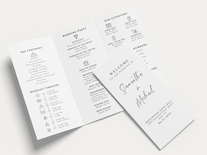 Minimalist Trifold Wedding Program – Elegant & Modern Design

A beautifully designed trifold wedding program featuring a clean, minimalist layout with elegant script and serif fonts. Includes ceremony details, wedding party, timeline, love story, special thanks, honeymoon info, guest travel map, and fun facts. Features icons, a QR code for sharing photos, and a stylish black-and-white theme. Perfect for couples seeking a sophisticated and organized wedding program.