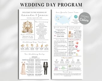 Modèle de programme de mariage infographique | Programme imprimable du jour du mariage | Programme de la cérémonie de mariage à l'église | Programme d'infographie moderne