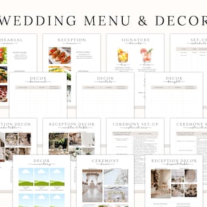 A wedding day binder with a checklist of items to plan for a wedding. The checklist includes items such as wedding mood board, wedding weekend, events overview, who to call, vendor contact, accommodations, wedding party, task list, ceremony venue, reception venue, ceremony entrance, recessional, wedding music, order of speeches, emergency planner, social media planner, rehearsal menu, reception menu, and destination map. The binder also includes images of the wedding venue, the wedding couple.