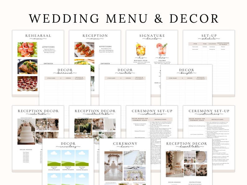 A wedding day binder with a checklist of items to plan for a wedding. The checklist includes items such as wedding mood board, wedding weekend, events overview, who to call, vendor contact, accommodations, wedding party, task list, ceremony venue, reception venue, ceremony entrance, recessional, wedding music, order of speeches, emergency planner, social media planner, rehearsal menu, reception menu, and destination map. The binder also includes images of the wedding venue, the wedding couple.