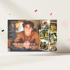 May include: A graduation announcement featuring a young man's photo, surrounded by smaller images. The announcement includes the name "MICHAEL DAVIS" and a message of congratulations, along with the Bible verse Proverbs 3:5-6.